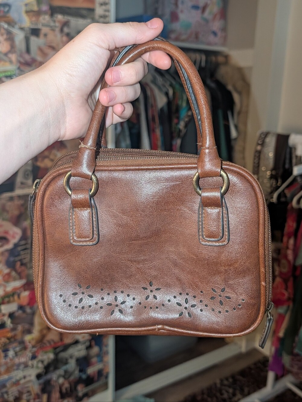 Floral Brown Leather Handle Handbag
